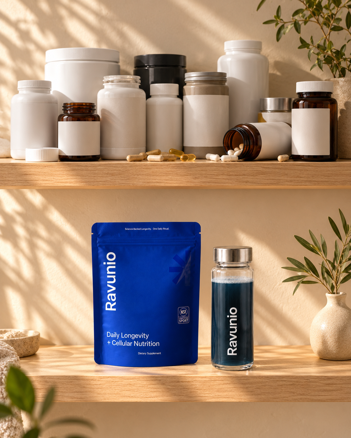 A crowded supplement shelf above a calm shelf with Ravunio