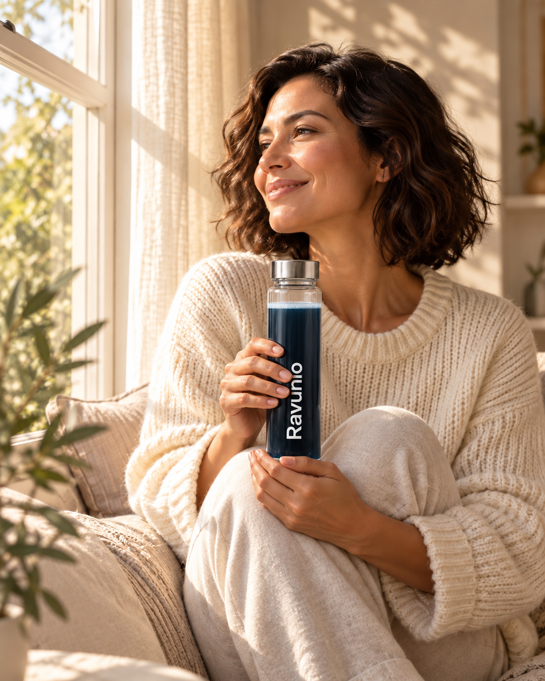 A woman enjoying her morning Ravunio drink by the window
