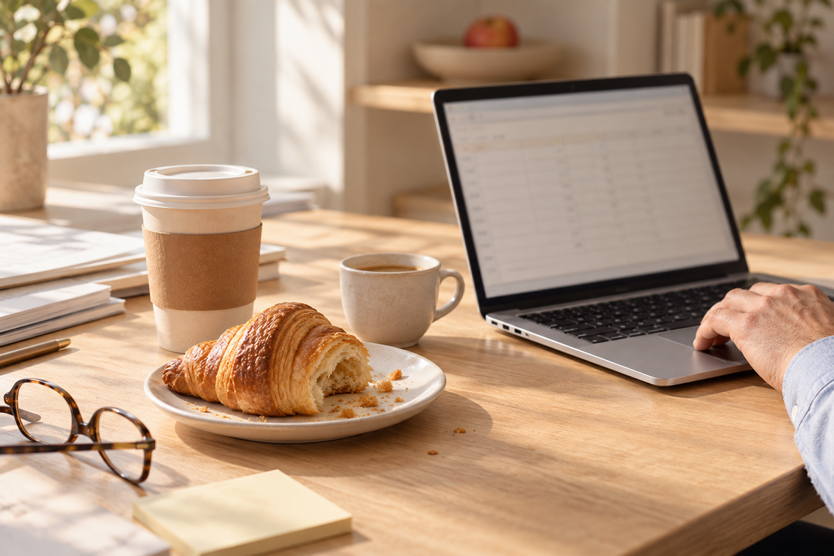 A rushed breakfast at a work desk