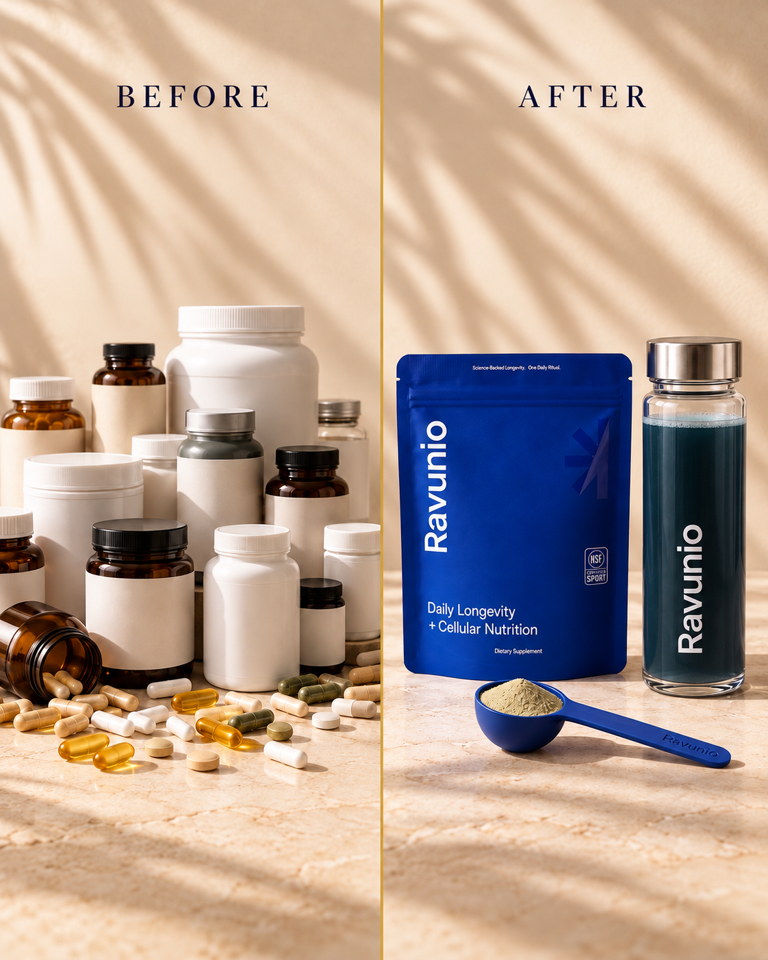 Before: a crowded pile of separate supplement bottles. After: the Ravunio pouch, bottle and scoop