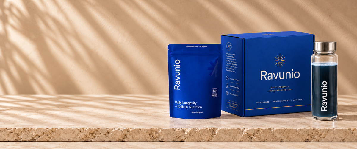 Ravunio pouch, gift box and glass bottle on warm travertine
