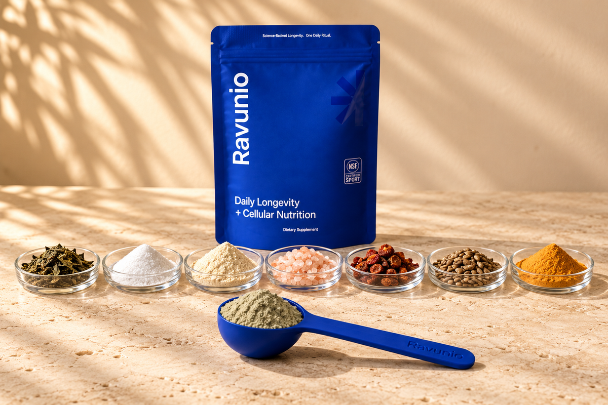 Seven glass dishes of ingredients in front of the Ravunio pouch