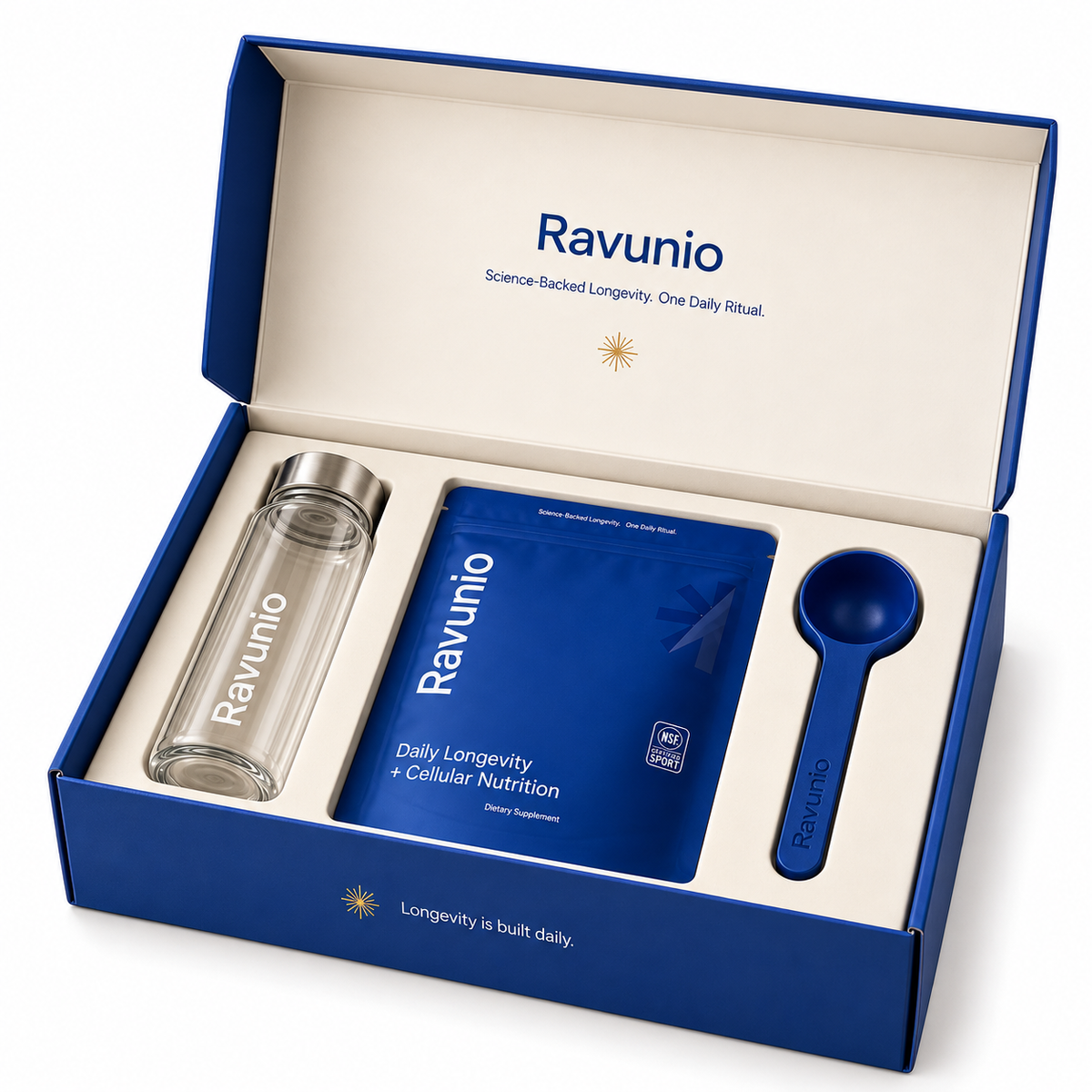 The complete Ravunio ritual kit: pouch, glass bottle, scoop and gift box